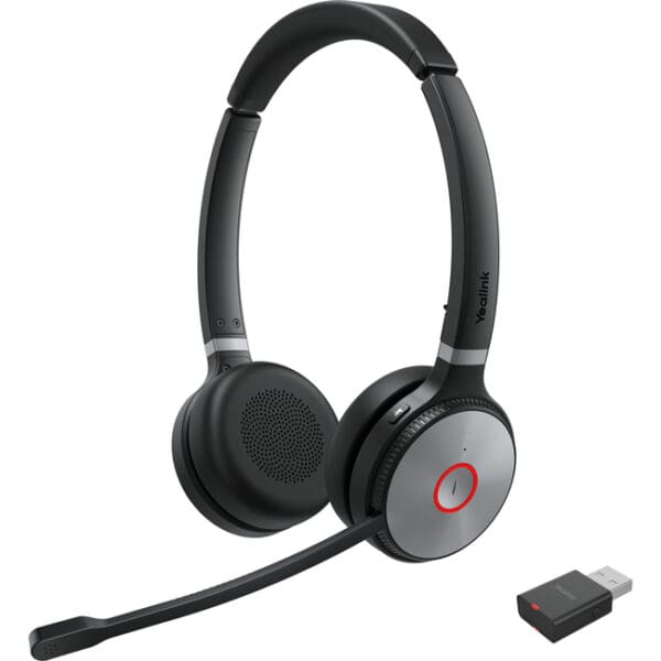 Yealink WH62 Portable DECT UC headset with dual ear and USB dongle.