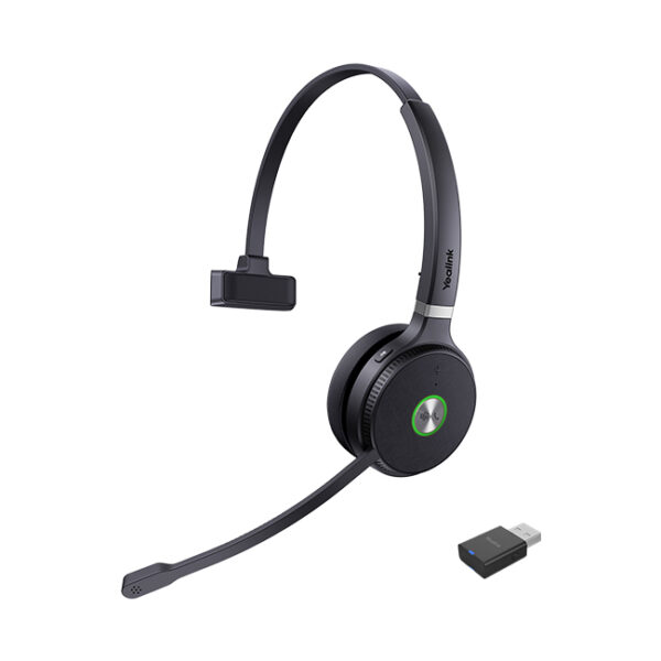 Yealink WH62 Portable DECT UC headset with single ear and USB dongle.